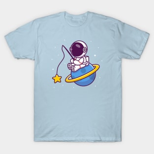 Cute Astronaut Fishing Star On Planet T-Shirt